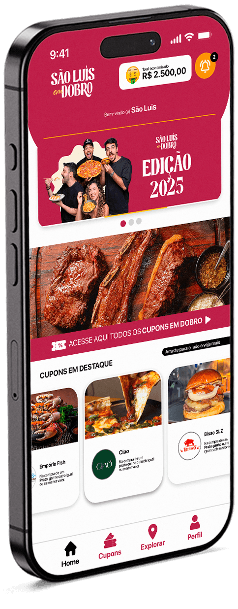 App São Luis em Dobro: tela inicial, mapa interativo e lista de cupons