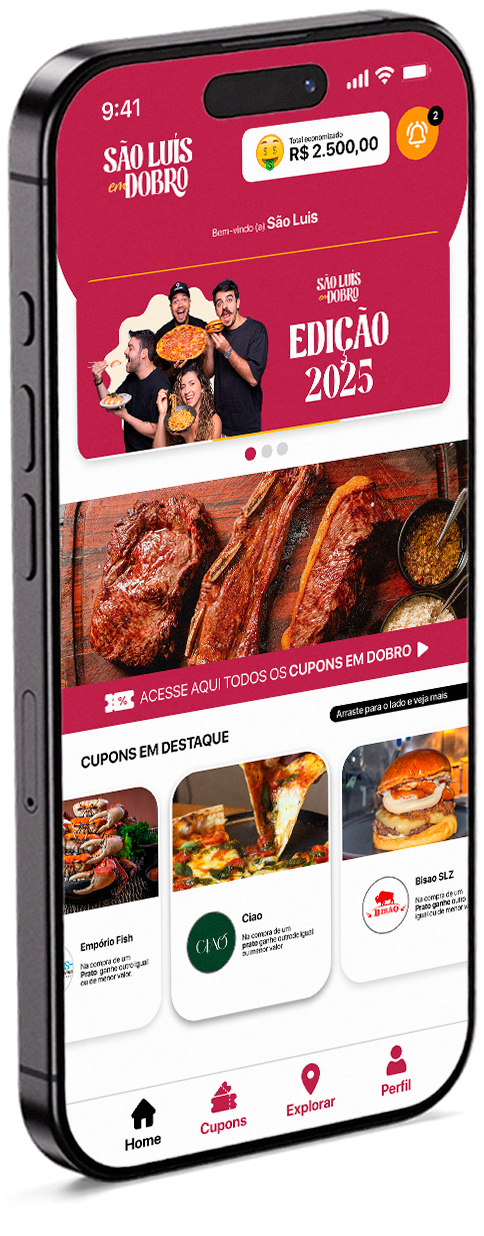 App São Luis em Dobro: tela inicial, mapa interativo e lista de cupons